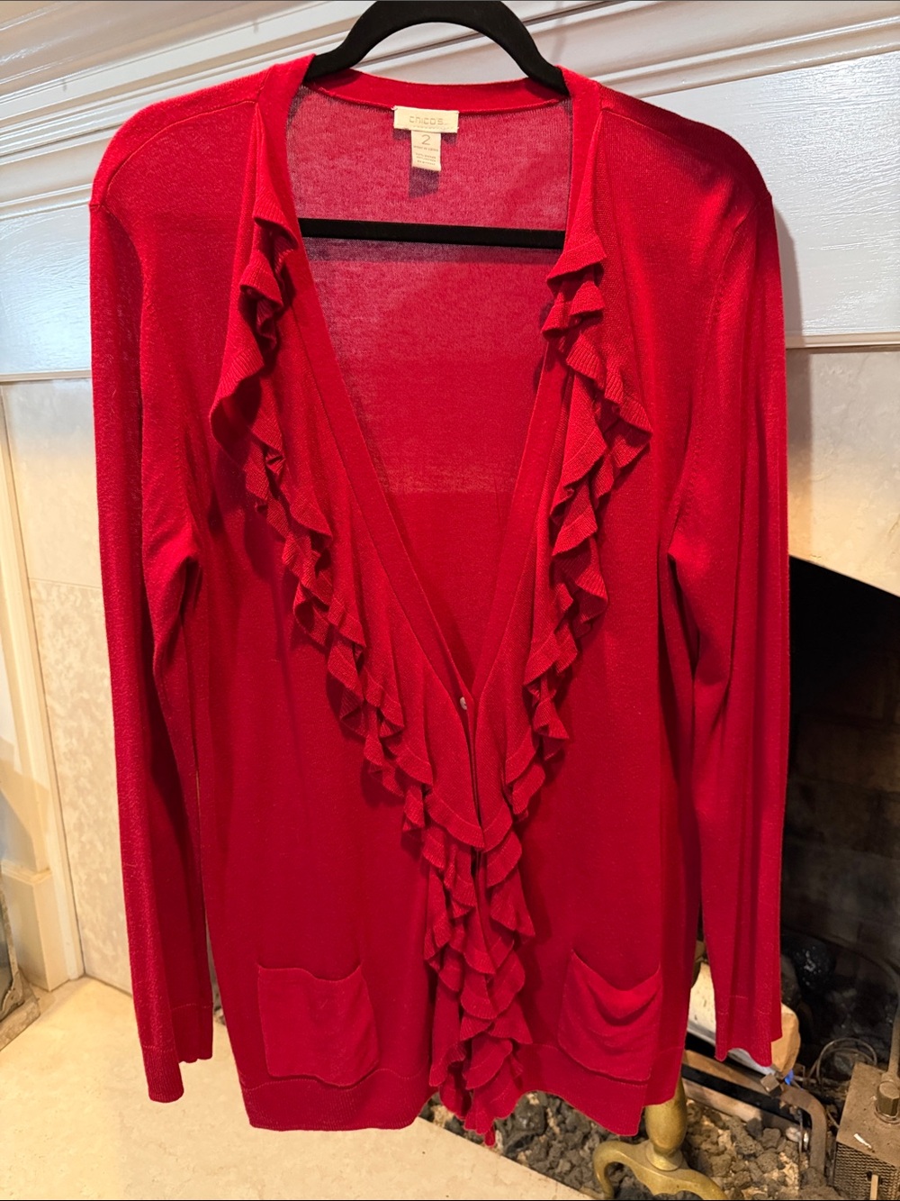 Chico's Bright Red Ruffle-Front Cardigan size large
